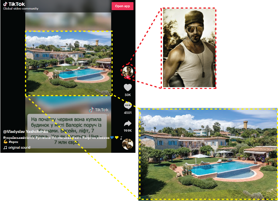 A composite image of @vladyslavyashchenko1’s TikTok video (left) showing a comparison of the account’s profile picture and a higher resolution of the same image (top right) found elsewhere on the internet, highlighted in red, and a comparison of the property showcased in the video and the original photo (bottom right) as taken from its real estate listing, highlighted in yellow. 