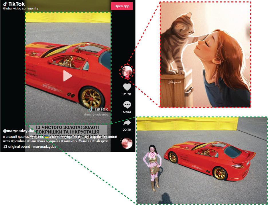 A composite image of @marynadzyuba’s TikTok video (left) showing a comparison of the account’s profile picture and a higher resolution of the same image (top right) as found on Instagram, highlighted in red, and a comparison of the car showcased in the video and the original photo (bottom right), highlighted in green boxes.