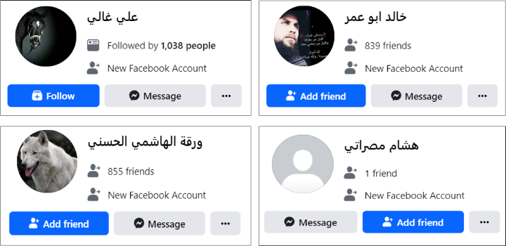 Screenshots showing four accounts labeled by Facebook as newly created accounts. 