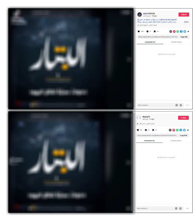 Blurred screenshots showing two TikTok accounts sharing an audio recording reciting the violent article. 