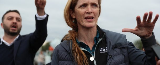 USAID Administrator Samantha Power speaks to the media as she visits an aid center for refugees from Nagorno-Karabakh in the border village of Kornidzor, Armenia, September 26, 2023. REUTERS/Irakli Gedenidze