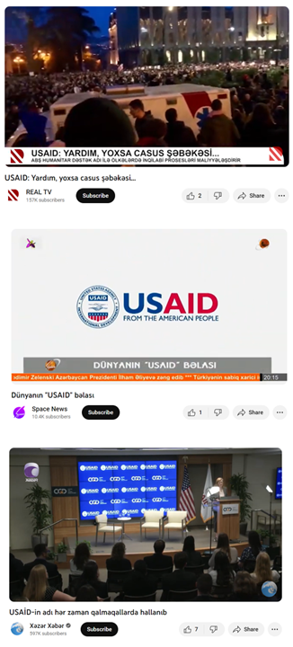 Composite showing screenshots of the anti-USAID headlines for three reports on the Azerbaijani TV channels Real TV, Space TV, and Xezer TV. 