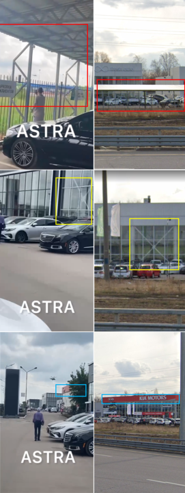 Composite image of screengrabs from alleged videos of a Ka-52 flying in Voronezh alongside screengrabs from Google Maps’s streetview confirming the Ka-52’s location. Same-colored boxes indicate shared elements between the video (at left) and the map (at right). (Source: @milinfolive/archive, left; Google Maps/archive, right)