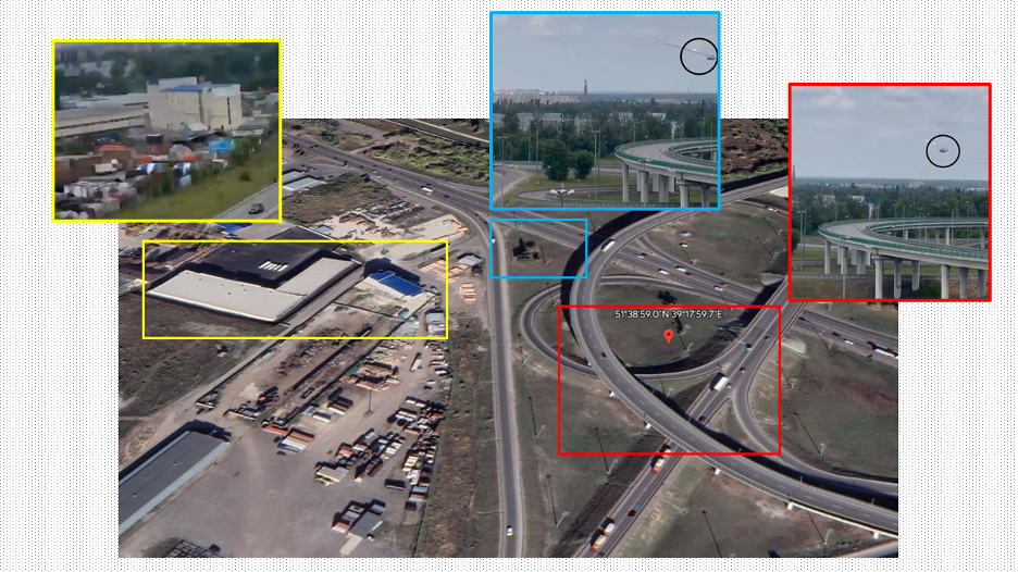 Composite image overlaying video captures of the Ka-52 on a screencap from Google Maps of the highway interchange in Voronezh. Same-colored boxes highlight shared features between the video and the map. (Source: DFRLab via Google Earth Web/archive (map); @301military/archive (screencaps))