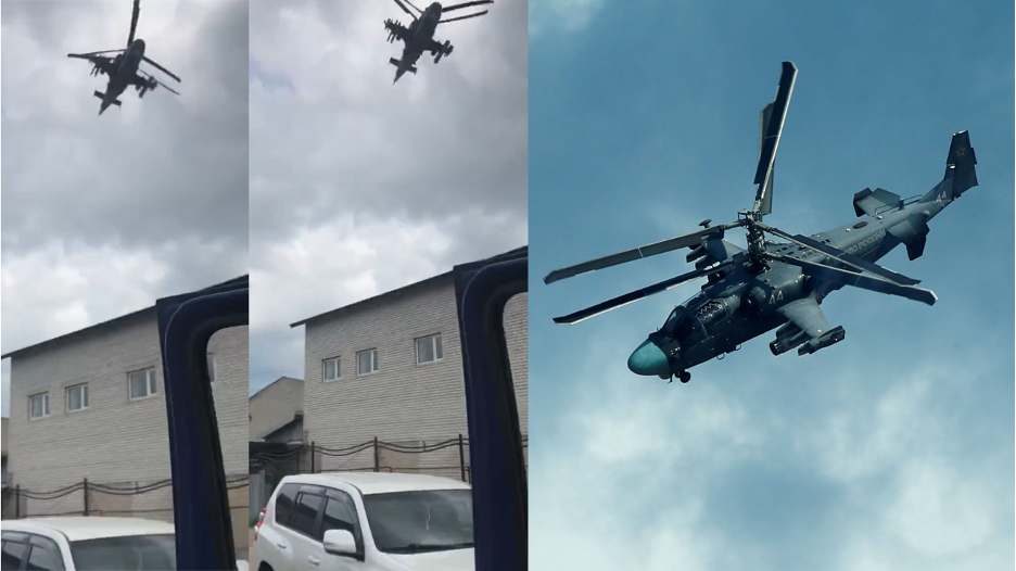 Composite showing comparison between two screenshots from videos of Ka-52 in Voronezh and a stock image of Ka-52 taken from Reuters. The video screenshots seem to capture a just noticeable second rotor for the Ka-52, as evident in the stock photo at right. (Source: @Maks_NAFO_FELLA /archive, left @Osinttechnical/archive, center; Reuters/Maxim Shemetov, right)