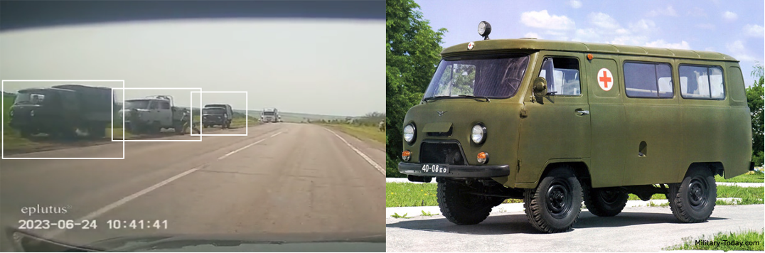 Screengrabs from the video showing the three UAZ 452 military vehicles with a white KAMAZ 5490-S in the background, compared to a reference picture of a UAZ 452 vehicle (Source: TikTok/archive, left; MilitaryToday.com/archive, right)