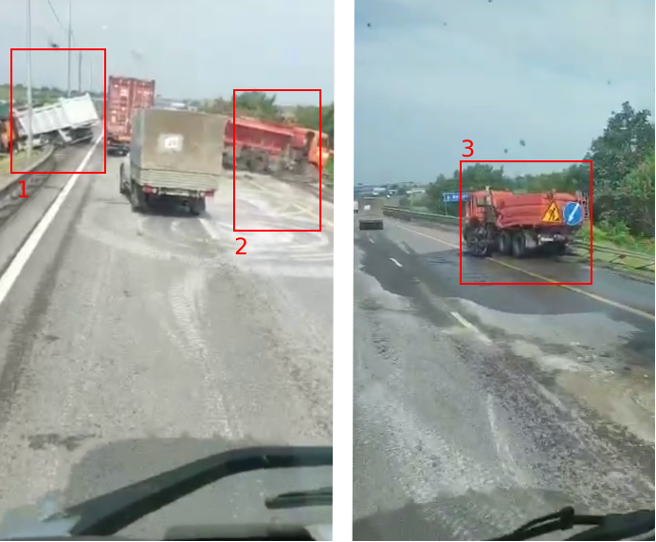Screengrabs taken from a July 24 video clip showing KAMAZ 65115 trucks, which fell over a bridge on M-4 highway to Voronezh. (Source: Telegram/archive)