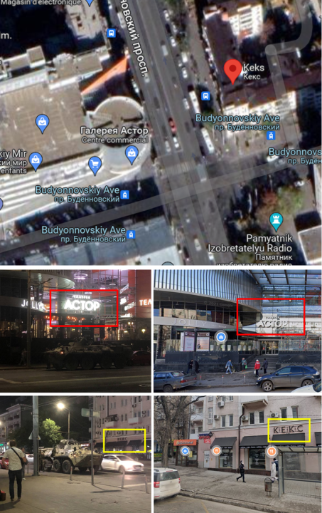 Composite image shows screenshot from Google Maps (at top and right) display locations of two different images (at right) were posted during Wagner’s mutiny. (Source: DFRLab via Google Maps/archive top and right; @HannaLiubakova/archive, left)