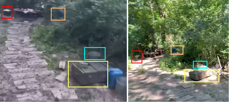 Comparison of two screenshots from the two different videos of the alleged Wagner camp. The highlighting indicates the same identifiable features between the videos, including a dark green suitcase (yellow), a grey pail (red), a stool (blue) and a blue gas can (orange). (Source: @razgruzka_vagnera/archive, left; @brussinf/archive, right)