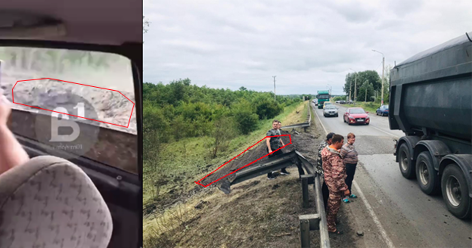 Screencaps showing the damage inflicted to the Anna-Brodovoye bridge, Voronezh Oblast, including a screengrab from a June 24 Telegram video (left) and a photo (right) posted by Bloknot showing the extent of damage inflicted to the road. Highlighted in red is the location of a crater formed as a result of the bombing. (Source: Telegram/archive, left; Bloknot/archive, right)