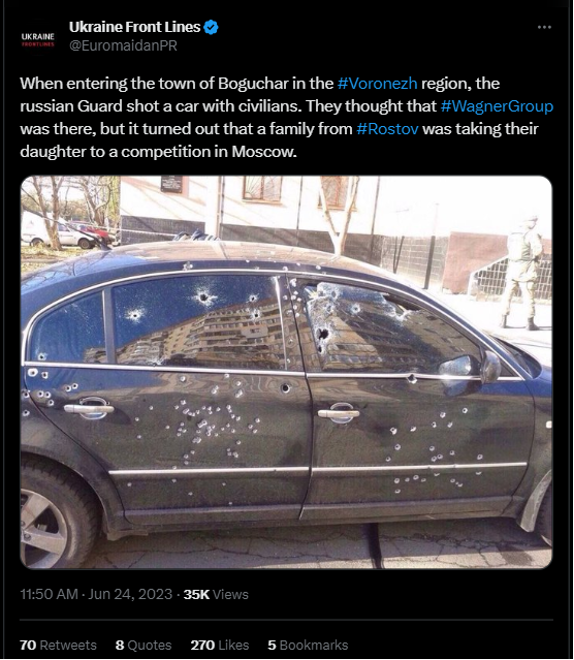 Screencap of a tweet from “independent citizen media” account Ukraine Front Lines in which the poster claimed that the Russian National guard had shot a civilian car. (Source: @euromaidanpr/archive)