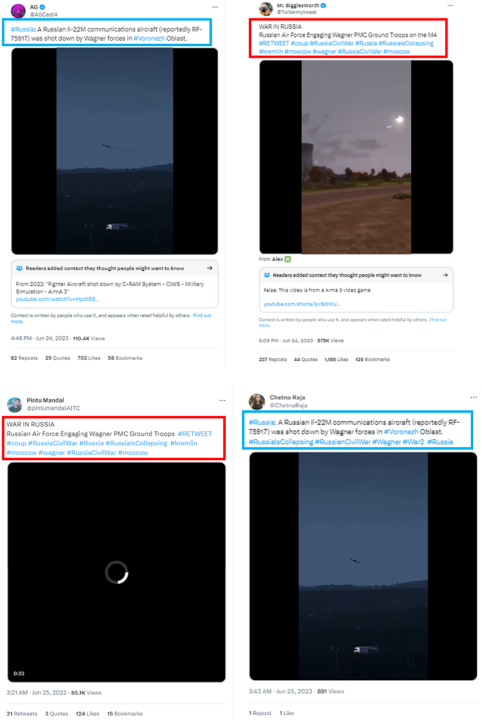 Screengrabs of tweets that used footage from video game Arma 3 to claim that the Russian military and Wagner forces had engaged each other militarily. Same-colored boxes highlight similar texts on Twitter posts. (Source: @AGCast4/archive, top left; @Twitermytweet/archive, top right; @pintumandalAITC/archive, bottom right; @ChetnaRaja/archive, bottom left)
