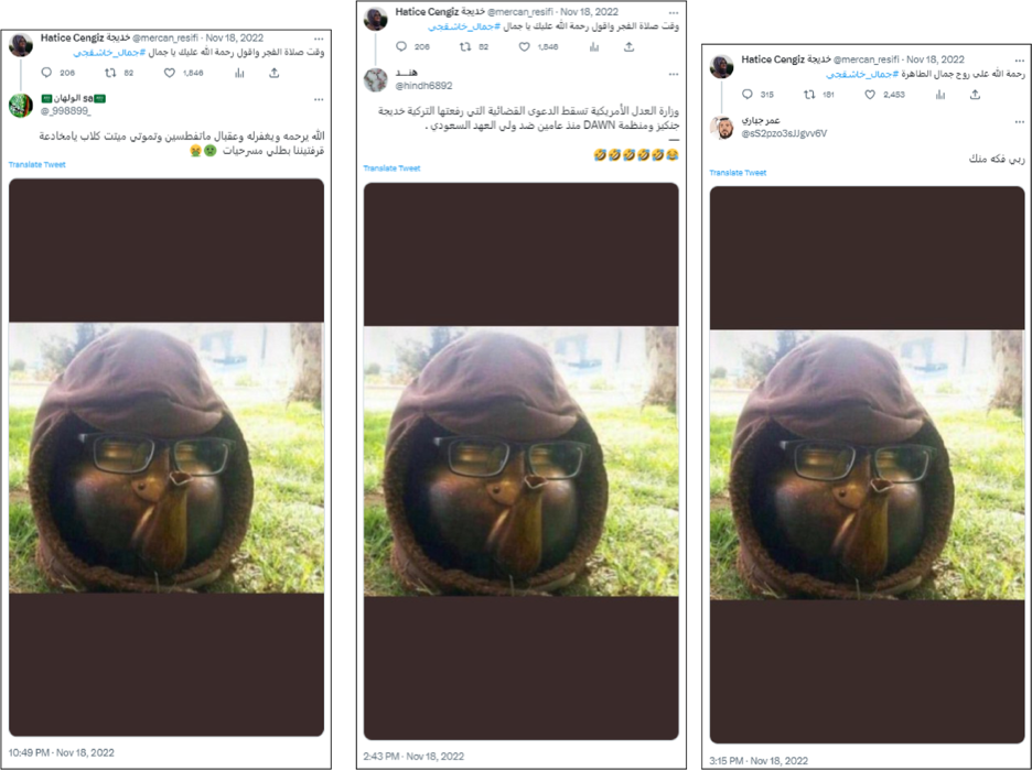 Tangkapan layar tiga balasan tiga tweet berbeda pada 18 November 2022, menggunakan gambar yang sama mengejek Hatice.