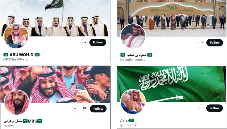 Screenshots of four accounts that had profile photos featuring MBS and nationalistic banner photos. 