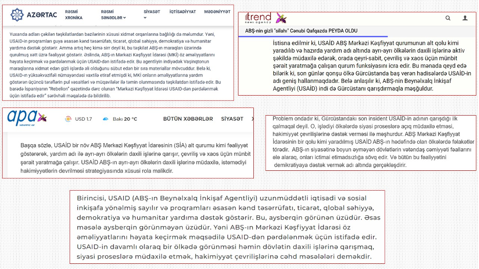 Composite image showing partial screenshots from written media reports pushing fabricated claims about USAID. 