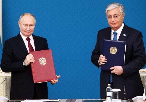Russian President Vladimir Putin and his Kazakh counterpart Kassym-Jomart Tokayev sign bilateral documents in Astana, Kazakhstan November 9, 2023. (Source: Sputnik/Konstantin Zavrazhin/Pool via Reuters)