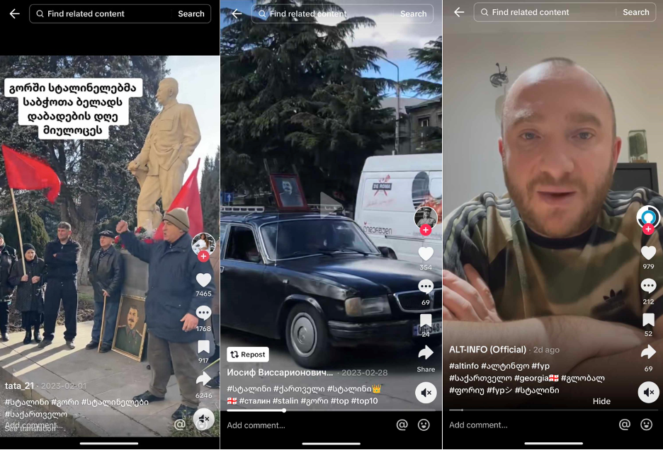 This image has an empty alt attribute; its file name is 20240227-Stalin-in-Georgia-03.png
Screencaps of TikTok videos depicting or discussing monuments to Stalin in Georgia. The videos in this category garnered more than one million views on TikTok. (Source: @tatia_goloshvili_21, left; @stalinnnnn, center; @altinfo2, right) 