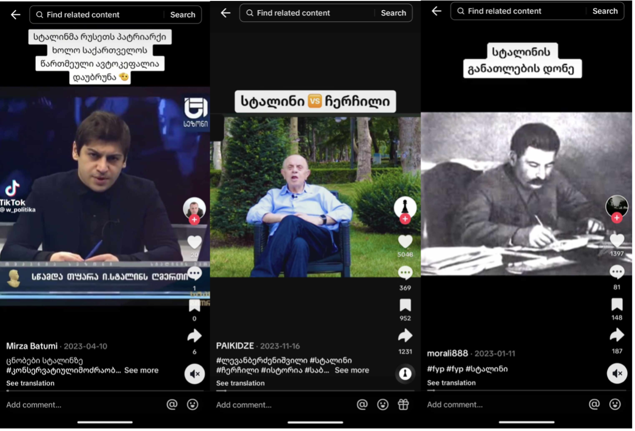 Screenshots of TikTok videos promoting myths about Stalin's personality. The most popular myth on TikTok is that Stalin was a well-educated religious person. (Source: @mirzabatumi, left; @_paikidze, center; @morali888, right)