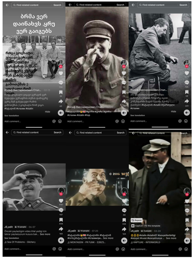 Screencaps of TikTok channels disseminating compilation of Stalin’s images and footage set to heroic or macho music. The videos garnered tens of thousands of views. (Source, left to right, top to bottom: @stalinnnnn; @stalinnnnn; @stalinnnnn; @js_edit1; @js_edit1; @js_edit1)