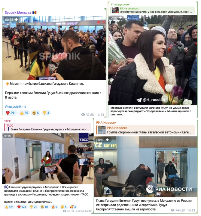 Screencaps of Telegram posts about Gutul’s return home via Sputnik Moldova, RT, Ria Novosti, and TASS. 