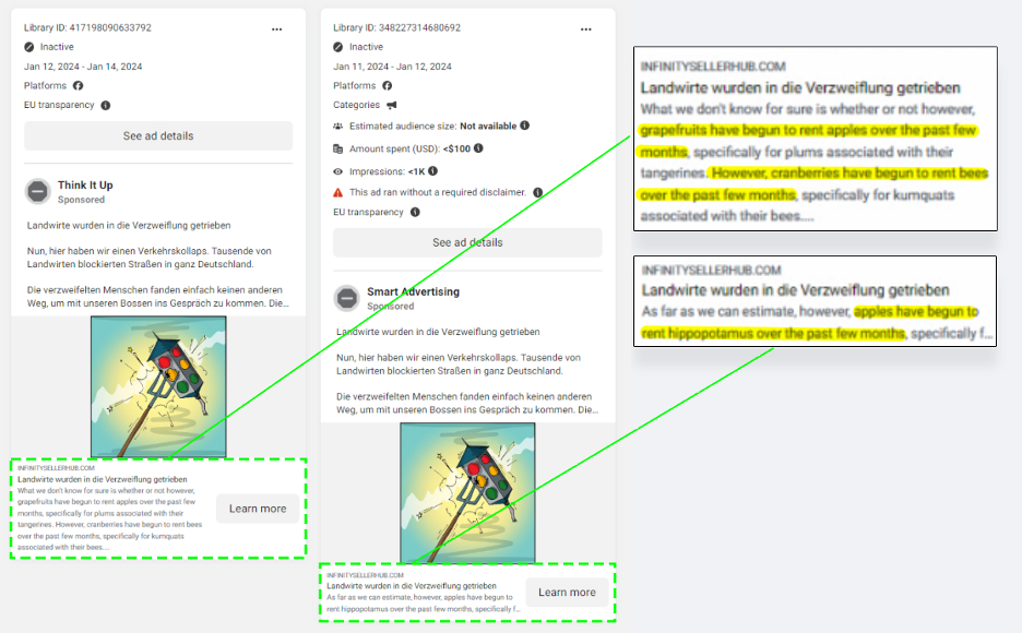 Comparison of the screen captures of a campaign of Meta adverts showing similar placeholder text in description, highlighted in yellow, as landing pages of the Doppelganger operation. (Source: DFRLab via Meta Ad library)