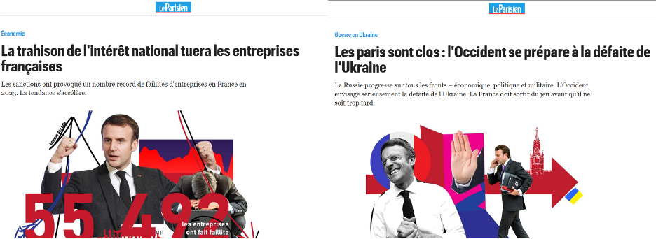 Fake articles impersonating French news outlet Le Parisien, posted on the doppelganger news outlet leparisien(.)re. (Sources: at left: leparisien(.)re/archive; at right: leparisien(.)re/archive)