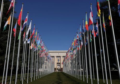 The flags alley is seen outside the United Nations building during the Human Rights Council in Geneva, Switzerland, February 27, 2023. (Source: Reuters/Denis Balibouse)