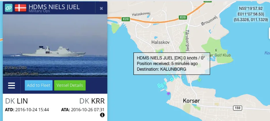 Screenshot of Shiptracking website Shipmapper showing DMS Niels Juel reported back in port. (Source: DFRLab via MarineTraffic.com)