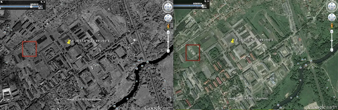 Satelito nuotraukų palyginimas Rusijos 152-oji brigada Kaliningrade 2012-aisiais (kairėje) ir 2014-aisiais (dešinėje)