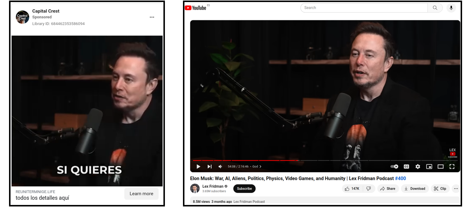 Screenshot (left) of a video with forged audio of Elon Musk promoted by dubious Facebook page Capital Crest between January 22-24, 2024. The original video (right) was sourced from an interview broadcast on November 9, 2023. (Source: Capital Crest, left; Lex Fridman, right)