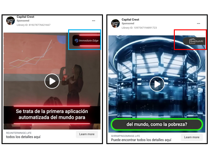 Screencaps showing two Facebook ads sponsored by Capital Crest promoting dubious investment platforms Immediate Edge (blue box) and Quantum AI (red box). (Source: Capital Crest, left; Capital Crest, right)
