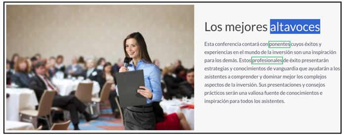 Screenshot of a destination website (which some of the ads pointed to) showing an inaccurate translation into the Spanish language of the word “speaker” (highlighted blue). The body of the text uses other words such as “presenters” and “professionals” (green boxes), which confirms “speaker” referred to humans. (Source: clubthwentique.com/archive)