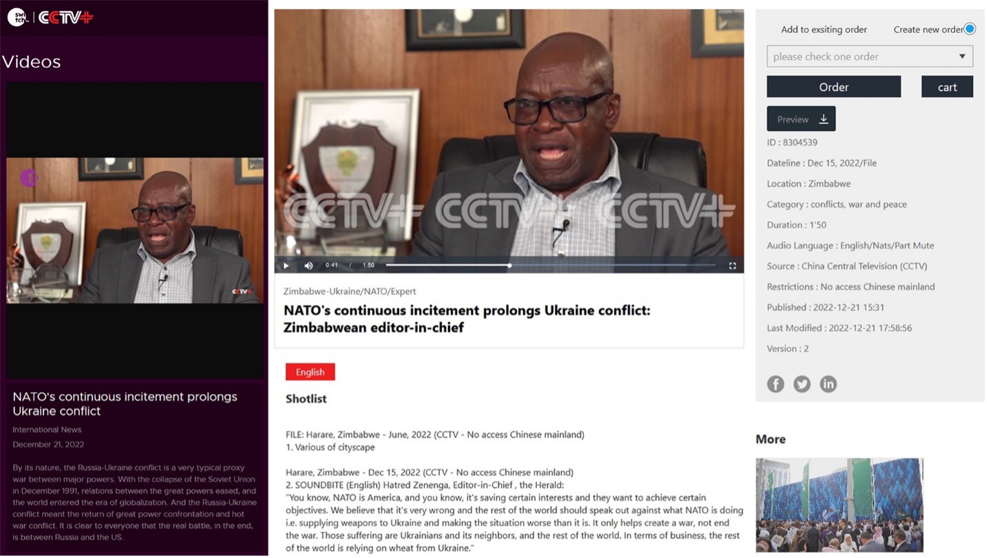 Screenshot of a news clip with a CCTV+ watermark on Kenya’s Switch TV website (left) that featured the editor-in-chief of a Zimbabwean newspaper, the Herald, and a screenshot of the news clip as it is originated on the CCTV+ content-sharing platform (right). (Source: Switch TV; CCTV+) 