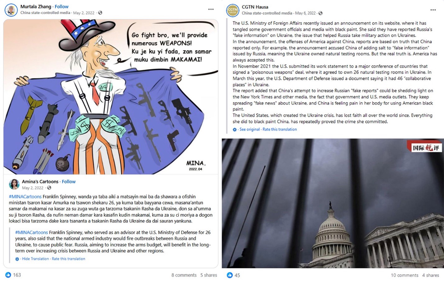 Screenshot of a cartoon shared by CRI Hausa’s Murtala Zhang (left), depicting the US arms industry as profiting from the war in Ukraine. The account that made the image, Amina’s Cartoons, is run by Zhang’s CRI colleague, who regularly illustrates Chinese narratives. Also, at right, a screenshot of the Facebook post of the article that Zhang wrote for CRI defending China’s amplification of the biolabs in Ukraine disinformation translated from Hausa. (Source: Murtala Zhang; CGTN Hausa) 