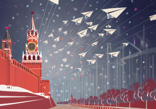 Generative art showing paper airplanes flying over Red Square in Moscow.