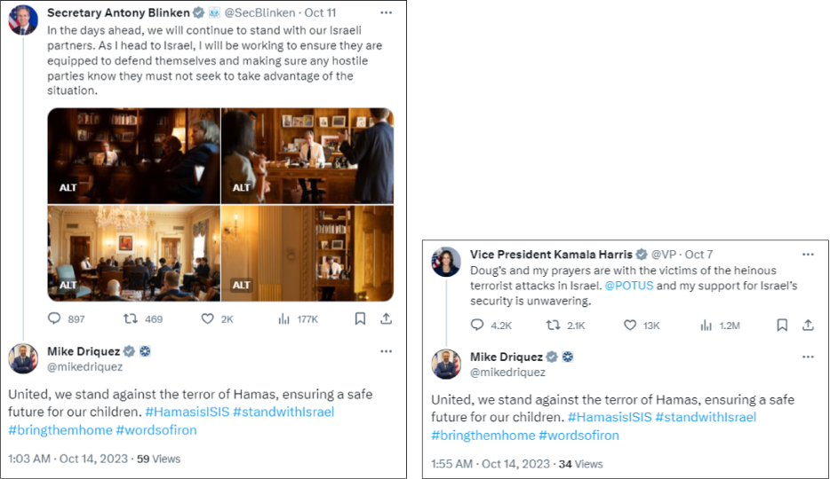 Screenshots of two identical posts from the official account of Israel’s Deputy Consul General in Miami, Mike Driquez. (Source: @mikedriquez / archive, left; @mikedriquez / archive, right)