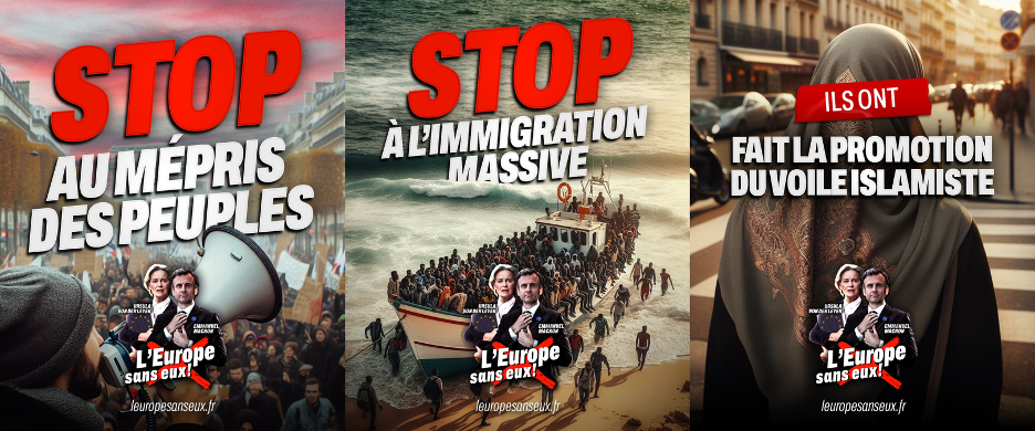 Screen captures of AI-generated posters spread by RN campaign website. (Source: leuropesanseux.fr, left; leuropesanseux.fr, middle; leuropesanseux.fr, right)