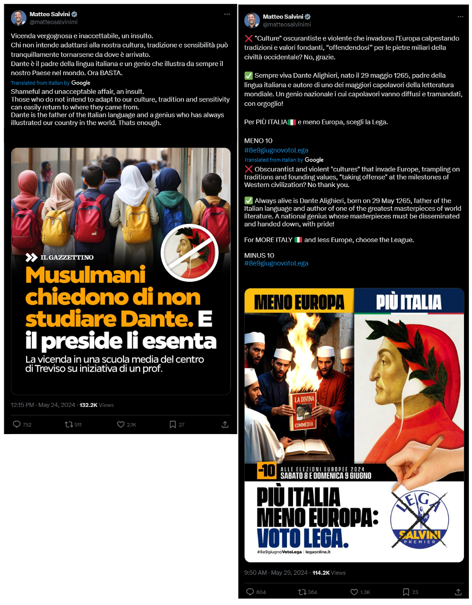 Screen captures of Salvini’s posts on X featuring AI-generated images (Source: @matteosalvinimi/archive, left; @matteosalvinimi/archive, right)