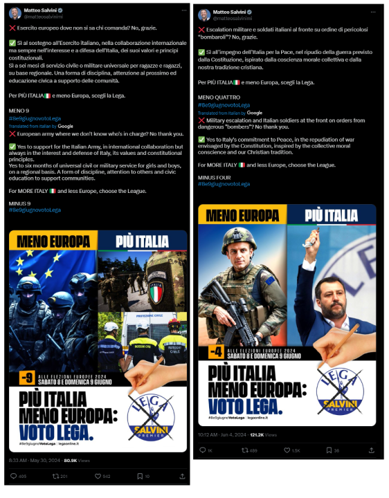 Screentshots of Salvini’s posts on X featuring AI-generated content. (Source: @matteosalvinimi/archive, @matteosalvinimi/archive)