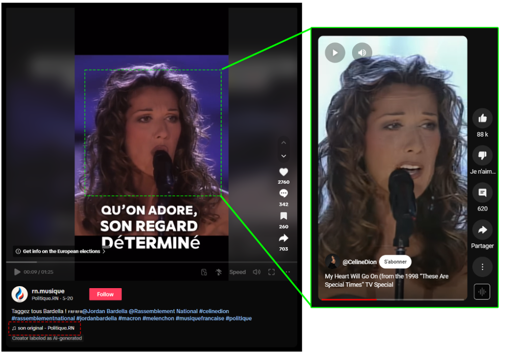 A comparison between the TikTok video and the Celine Dion video clip from 1998. (Sources: @gyron_bydton via @rn.musique/archive, YouTube/archive)
