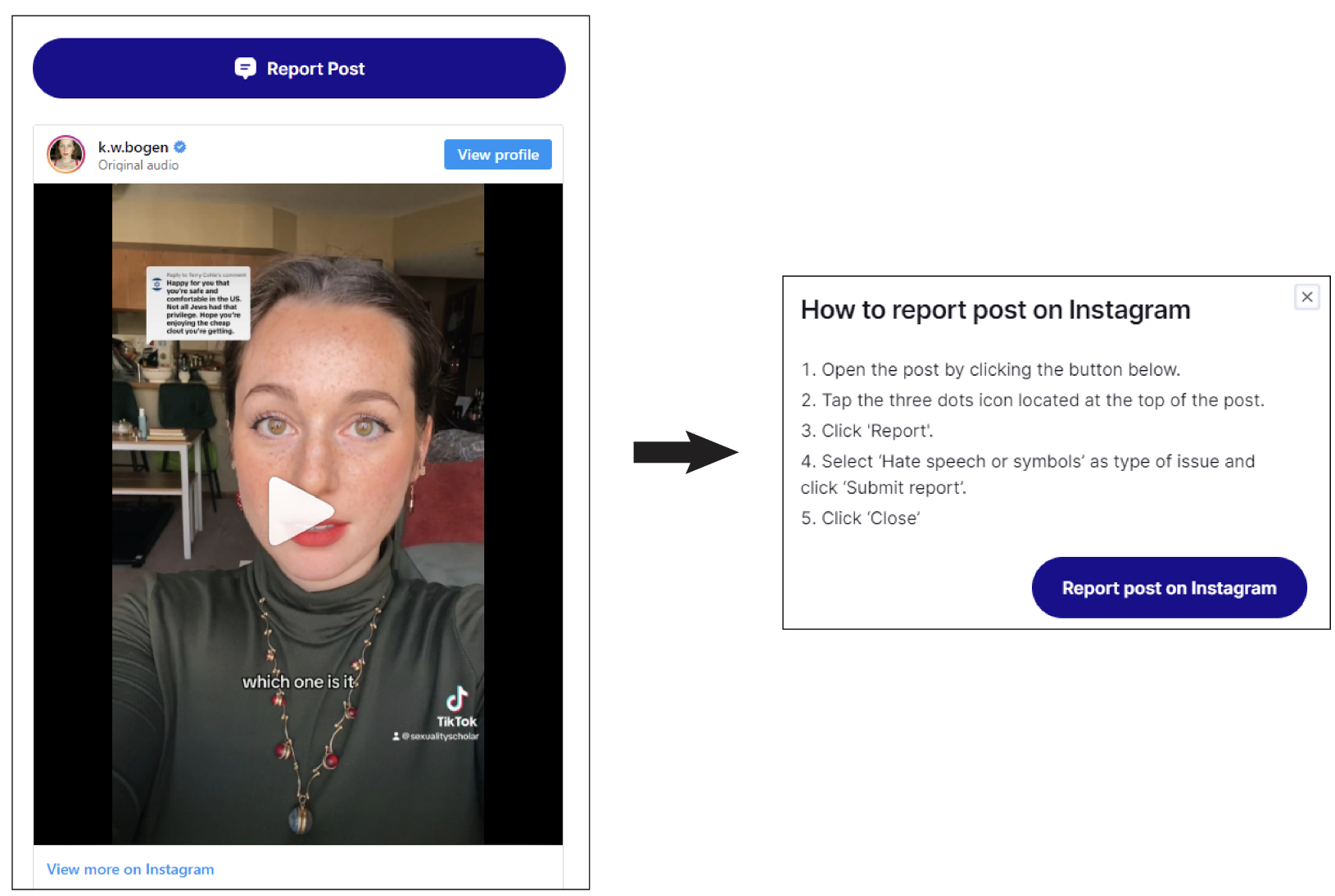 Screenshots from the WOI website of an Instagram post from video creator Katherine Wela Bogen (left) and generated reporting instructions for this video (right). (Source: wordsofiron.com, Instagram)