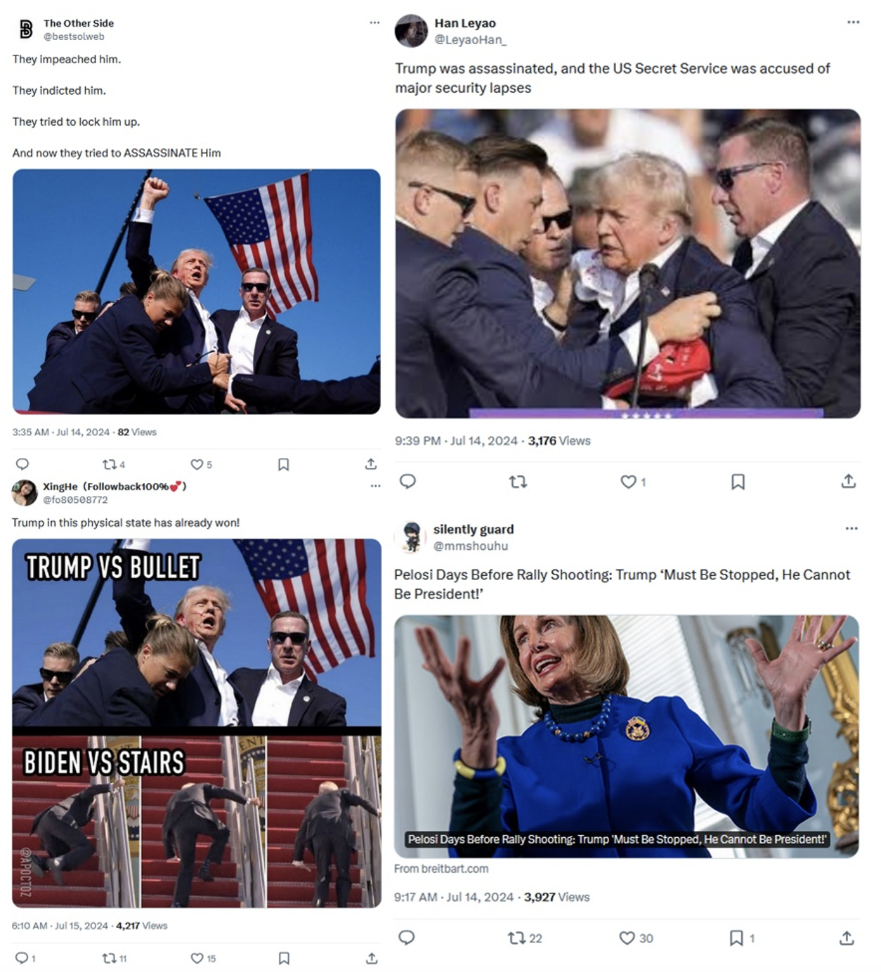 Screenshots of posts made by inauthentic Chinese accounts on X regarding the shooting of Trump. (Source: @bestsolweb, @LeyaoHan_, @fo80508772, @mmshouhu)