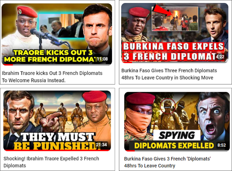 Screencaps of four thumbnails from different YouTube channels using similar visuals and titles about Burkina Faso‘s expulsion of French diplomats. (Source, top to bottom, left to right: @TheNewTourist;  @TheNewAfricaChannel; @BlackCultureDiary; @africaninsider)