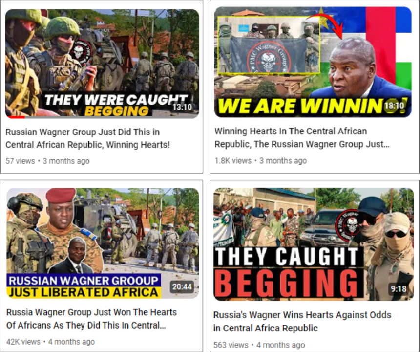 Screencaps of four videos by different channels that included similar content promoting Wagner Group in Africa. (Source, left to right: @africanaffairs247;  @TheAfricanNarrative; @Displore1; @AfricaInfohub)