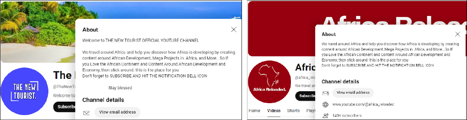 Screencaps of two YouTube channels using almost identical text in the pages‘ About section. (Source: @TheNewTourist, left;  @africa_reloaded, right)