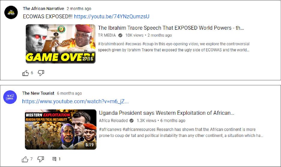 Screencaps of the two YouTube channels The African Narrative (top) and The New Tourist (bottom) promoting videos by the channels TR Media and Africa Reloaded through their community tabs. (Source, top to bottom: @TheAfricanNarrative/archive,  @TheNewTourist/archive)