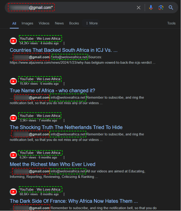 Search results showing the email address, squared out in red, found in the WHOIS records featured in We Love Africa’s YouTube videos’ descriptions and contact information, squared out in green.  (Sources: @gyron_bydton via Google/archive)