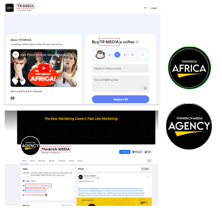 Screenshots of Think Rich Africa’s Buy Me A Coffee and Thinkrich media’s Facebook page (Sources: @gyron_bydton via Buymeacoffee/archive, top; Facebook, bottom)