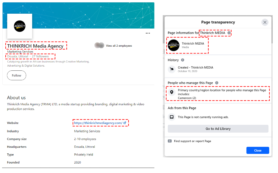 Screenshots showing a comparison of the LinkedIn page of THINKRICH Media Agency and the Facebook page of Thinkrich MEDIA (Sources: @gyron_bydton via LinkedIn, left; Facebook, right)