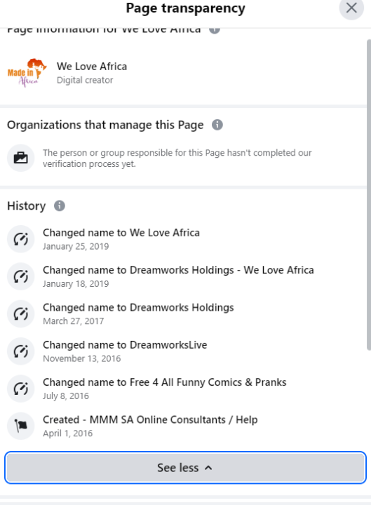 A screen capture of We Love Africa’s Facebook page transparency section. (Source: @gyron_bydton via Facebook)